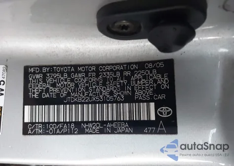 2005 Toyota Prius z USA, uszkodzony, nr VIN JTDKB22UX53105763